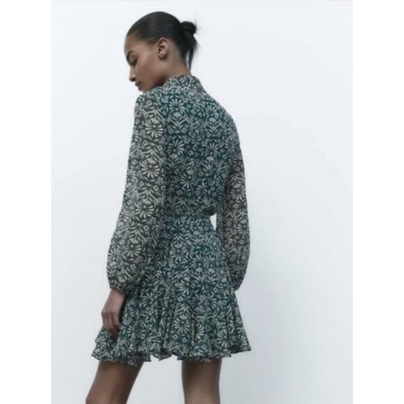 ZARA Sheer Leaf Print Belted Button Front Dress in Forest Green Boho - Size S - Picture 2 of 16